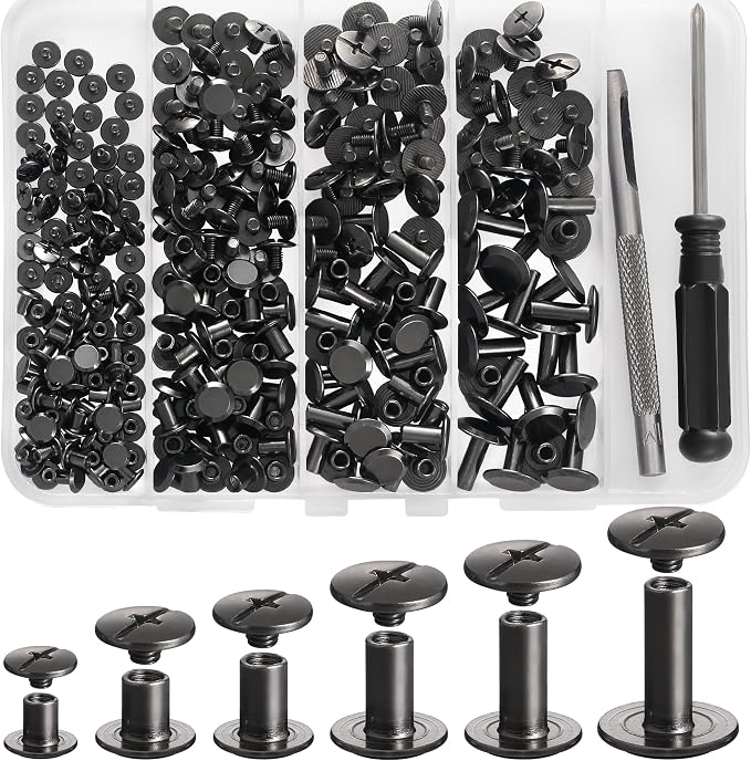 YORANYO 140 Sets Chicago Screws Leather Rivets Kit for Fabric Leather Crafting 6 Sizes Chicago Binding Screws for Decorate and Repair Belt Bag Shoes Purse Pet Collar Clothing Bookbinding (Gun-Metal)