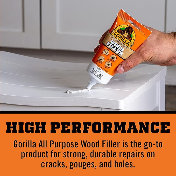 Gorilla All Purpose Wood Filler, White Wood Filler, 6 Ounce Tube (Pack of 2) - Water Resistant for Indoor or Outdoor Projects and Repairs