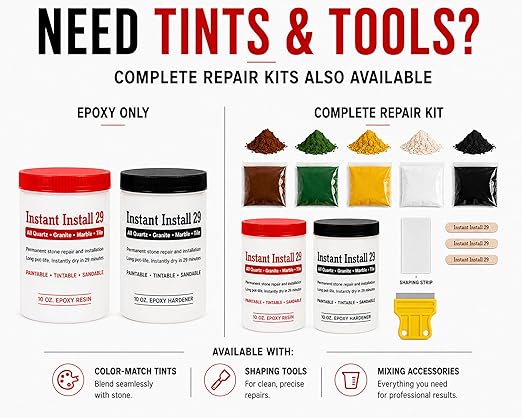 Instant Install 29-20 oz Epoxy Permanent Repair Kit - Granite, Marble, Porcelain, Quartz, & Tile - Chips/Cracks - Rebonds/Rebuilds Missing Pieces - Dry in 29 Minutes - Tintable with EZ-Tint