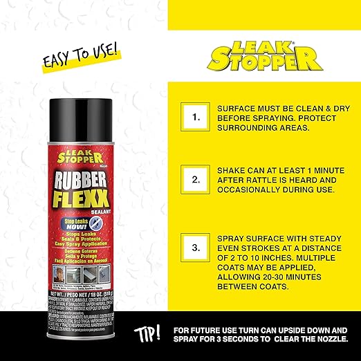 Leak Stopper Rubber Flexx – 18oz Waterproof Repair & Sealant Spray - Point & Spray to Seal Cracks, Holes, Leaks, Corrosion & More | Black – 3 cans