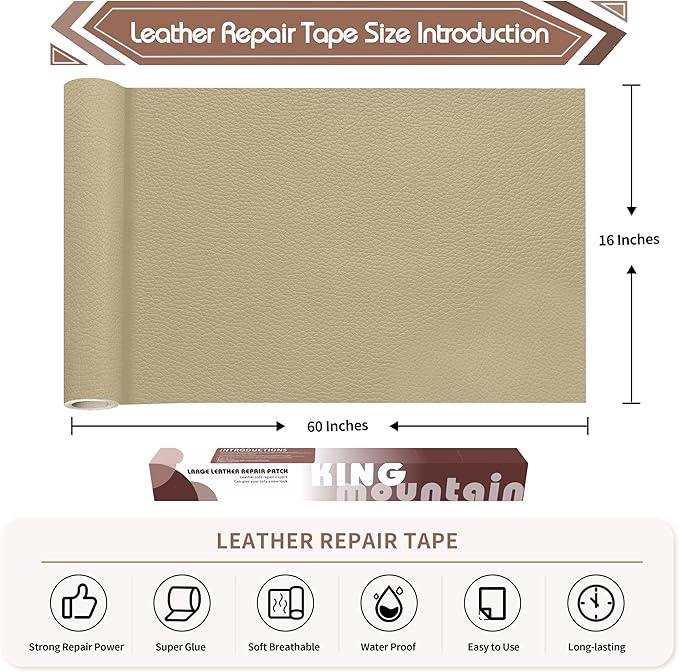 KING MOUNTAIN Leather Repair Patch,16 x 60 Inches self Adhesive Leather Repair Tape for Damaged Leather Furniture, Sofa Seating,Car Seats, Leather Goods（Medium Beige）