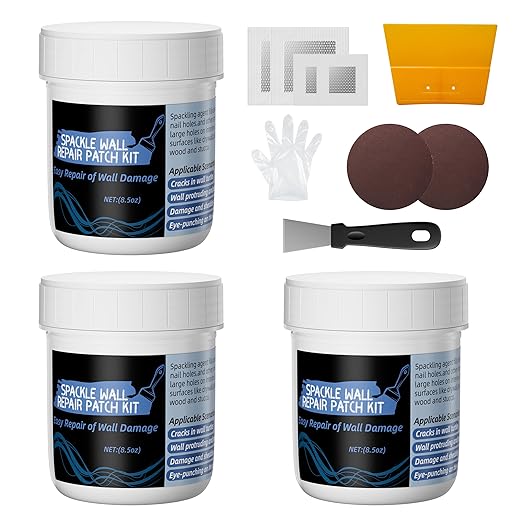 Oriflame Drywall Repair Kit: 8.5 Ounce Spackle Wall Repair with Patch/Scraper/Sandpaper/Gloves - White Wall Putty for Nail Holes/Cracks/Dents/Stains/Peeled Wall (3)