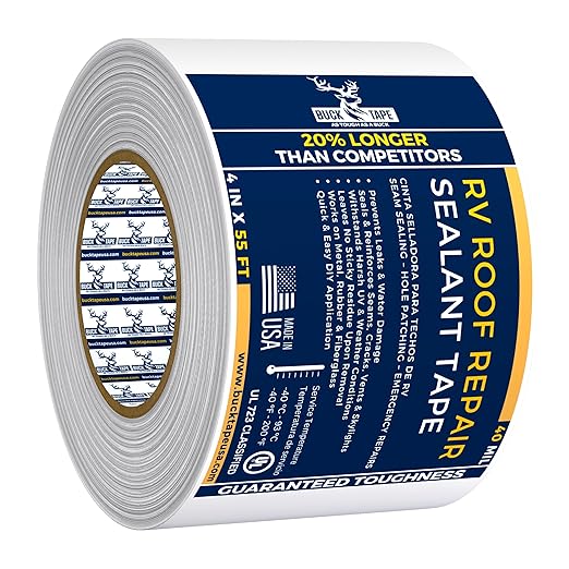 Buck RV Roof Sealant Tape – 4 Inch x 55ft, 40 Mil – Waterproof RV Tape for Roof Repair, Seams, Skylights, Vents & Window Leaks on Camper, Trailer & Boat, UV Resistant & Weatherproof, White, 1 Pack
