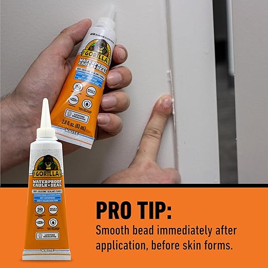 Gorilla 100% Silicone Caulk, Waterproof Sealant, 2.8oz Squeeze Tube (Pack of 2) – White -10 Year Mold Resistant Kitchen, Window, Bath, Marine, Door and More