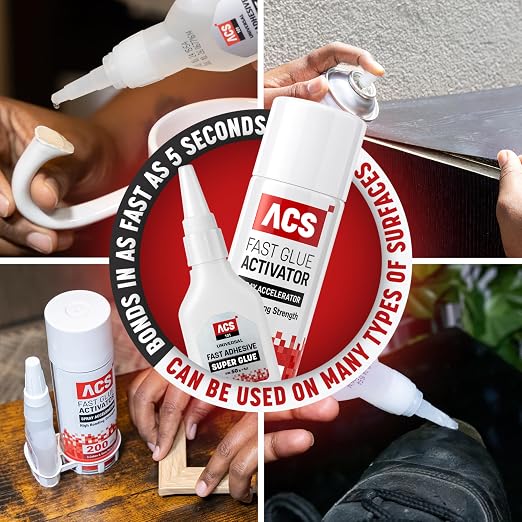 ACS Universal Super Glue & Activator Set - 1.76oz Activator + 6.76oz Thick Adhesive - Premium Spray Accelerator Bundle for Woodworking, Plastic, Crafts, Leather