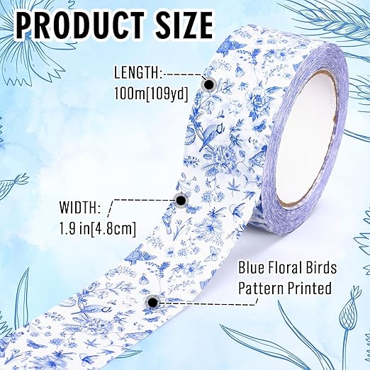 Whaline 109 Yard Spring Blue Floral Packing Tape Gift Wrapping Tape Vintage Chinoiserie Flower Bird Pattern Tapes for Small Business DIY Crafts Carton Decor