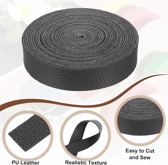 MECCANIXITY Faux Leather Strap, 1" Width x 197" Long Grained Leather Belt Strip Trim Roll for DIY Craft Projects, Pet Collars, Traction Ropes, Bag Straps, Hobby Workshop (Black)