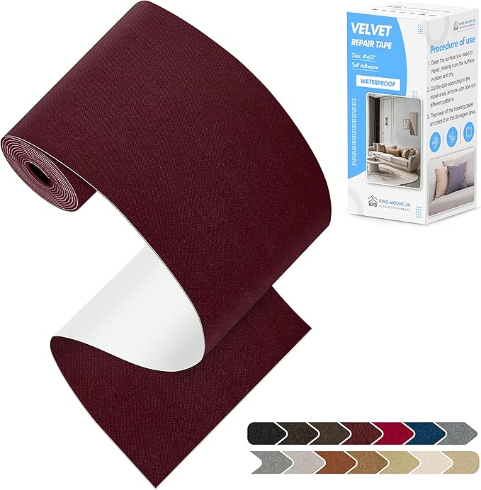 KING MOUNTAIN Couch Fabric Repair Patch, Fabric Patches for Furniture, 4" x 63" Waterproof Velvet Repair Tape for Sofas, Car Seats, Furniture, Upholstery Fabrics and Velvet Goods. （Burgundy）