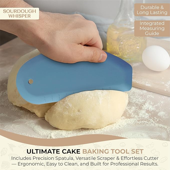 Sourdough Essential Baking Tools Set — Premium Organic Cotton Proofing Tea Towel, Seamless Danish Dough Whisk, Blue Silicone Scraper & Wood Brush (Complete Sourdough Baking & Proofing Kit)