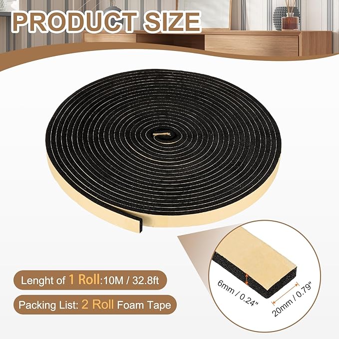 PATIKIL Foam Insulation Tape, 2Pcs 3/4" W x 1/4" t x 32.8FT Self Adhesive Weather Stripping Door Seal Strip for Door Window Air Conditioning, Black
