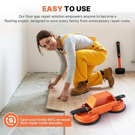 Floor Gap Fixer Tool Heavy Duty 45°Striking Surface Floor Gap Repair Tool Made of Iron & Enhanced Suction Cup with Slot Cutter, Hammer and 5pcs Sticky Pads for Fixer Laminate/Vinyl Flooring Tools