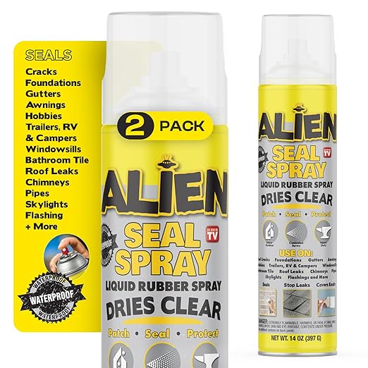 Alien Tape Sealant Spray 2Pk, Waterproof and Air Tight Liquid Rubber Spray Seals, Prevents and Patches Leaks, Protects Surfaces, Works on Most Materials, Long Lasting, Dries Clear - 2 Cans (28 Oz)
