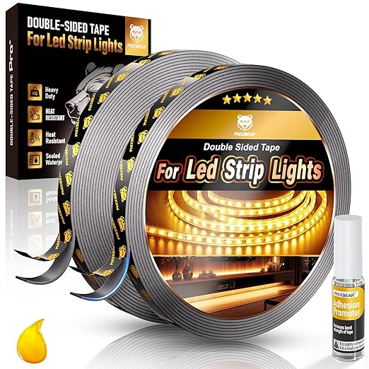 PHIXBEAR 2 Rolls Heavy Duty Double Sided Tape for Led Strip Lights, Automotive Trim, Garage, Home Decor, Indoor & Outdoor, 40Ft x 1/4" Heat Resistant Waterproof Super Strong Adhesive Mounting Tape