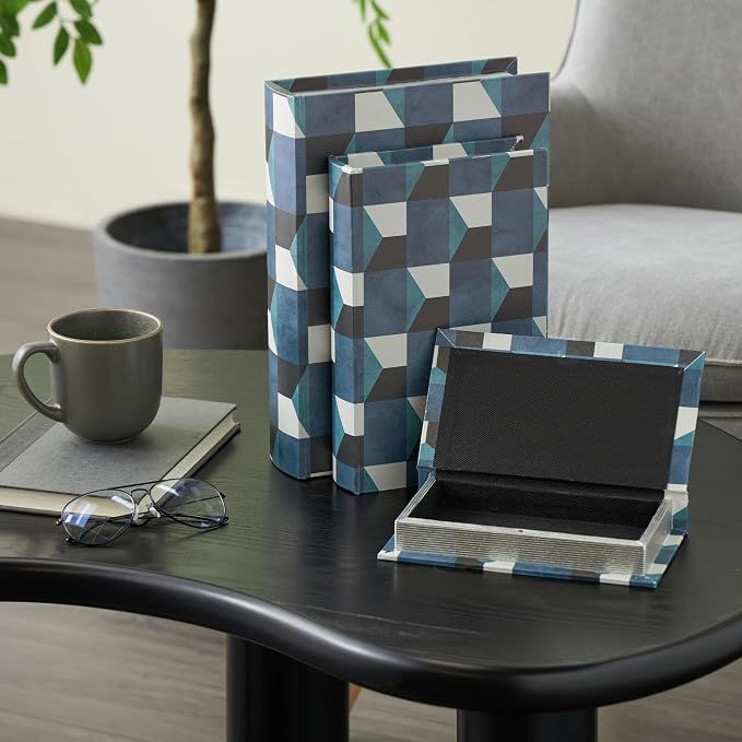 Deco 79 Faux Leather Decorative Box Faux Book Storage Book Shaped Boxes with Black and White Geometric Patterns, Set of 3 Decorative Keepsake Boxes 13", 11", 9"H, Blue