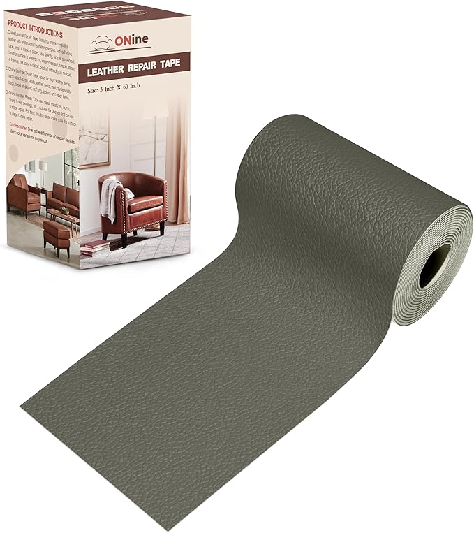 ONine Leather Repair Patch，Leather Repair Tape, 3 x 60 inches Leather Repair Patch for Furniture,Vinyl Repair kit，Leather Couch Patch，for Sofas, Furniture, car Seats(Grey-Litchi Grain)