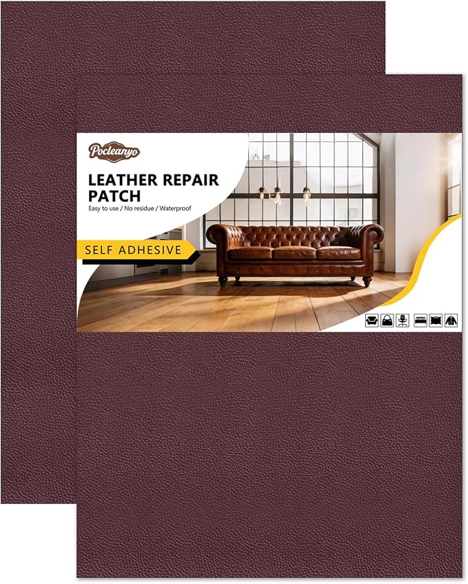 2 Pcs Dark Brown Leather Repair Tape, 8x12 Inch Leather Repair Patch Self-Adhesive, Waterproof Faux Leather Patch, Vinyl Repair Tape for Couch, Sofas, Furniture, Office Chair, Car Seats