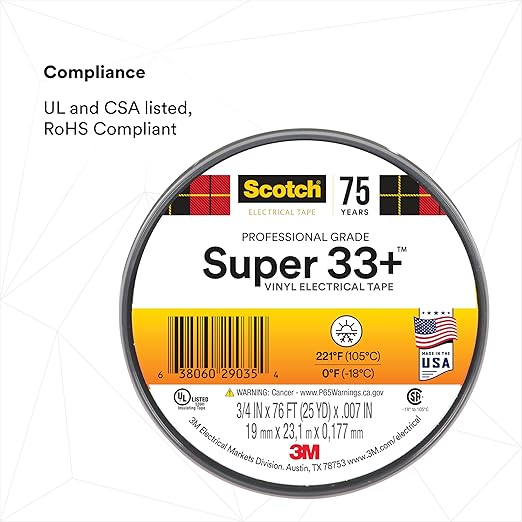 3M Scotch Super 33+ Electrical Tape - 3/4 in x 76 ft, Premium Grade All-Weather Vinyl, Resistant to Abrasion, Moisture, Corrosion, Alkalies - Long Roll, 1 in Core, Black, 10 Roll Pack