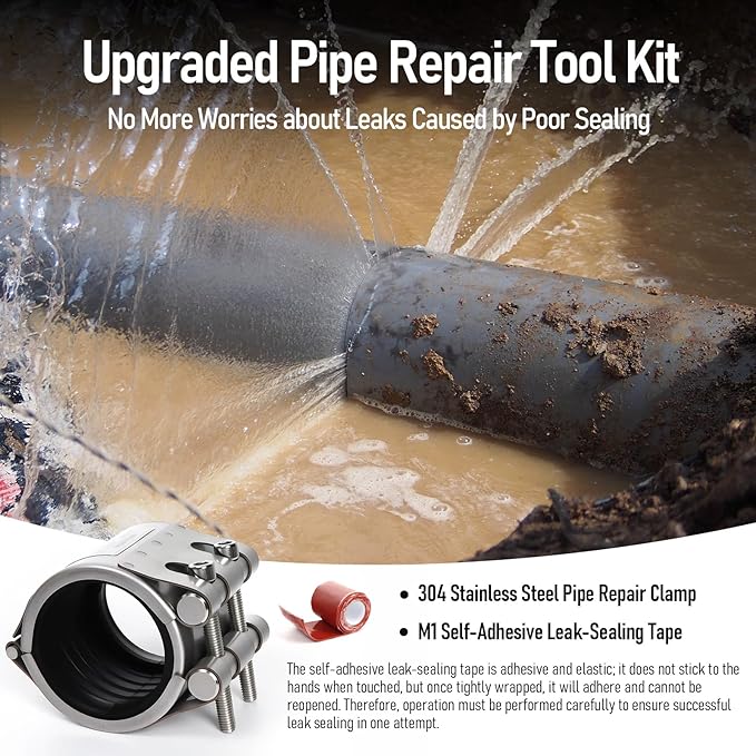 Upgraded Pipe Repair Clamp with M1 Self-Adhesive Leak-Sealing Tape | 304 Stainless Steel Rust-Proof Emergency Pipe Repair Kit for Plastic & Metal Pipes, 2" (56-59mm)