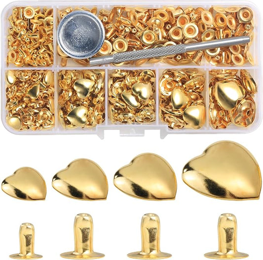 YORANYO 150 Sets Leather Rivets Kit Mixed Sizes Rivets for Leather Heart Studs for Clothing Fabric Gold Color Rivets with Leather Crafting Rivet Tool for Repair Decorate Jackets Shoes Bags Belts Purse