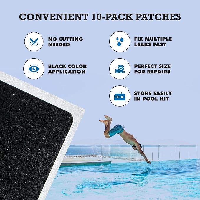 Burro Adhesives 10-Pack Waterproof Black Pool Patches - Professional Grade PVC Repair Kit with 2.75" x 4" Heavy Duty Patches for Commercial & Residential Vinyl Liner Pools, Works Underwater & Dry