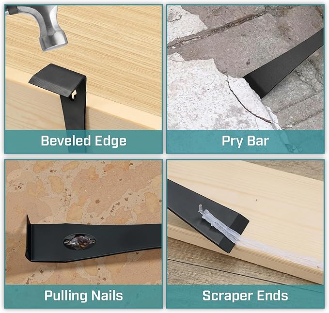 Bates- Flat Pry Bar Scraper, 4 Pack, 5-1/2", 7-1/4", 9-1/2" and 12", Black, Trim Puller Tool for Baseboard