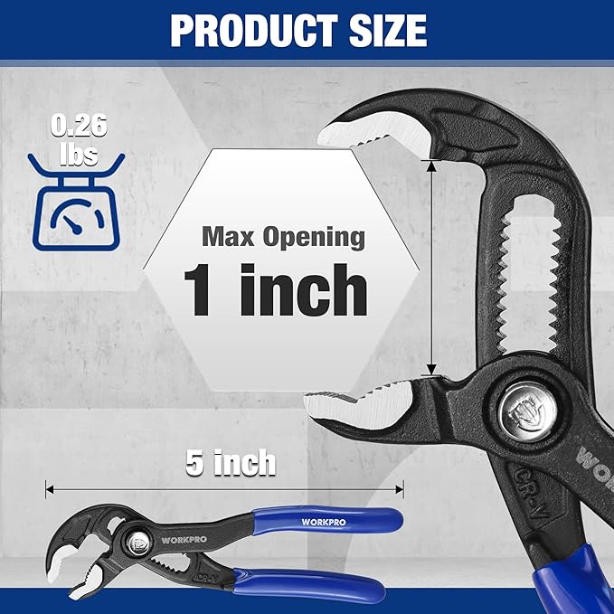 WORKPRO 5-Inch Water Pump Pliers, CR-V Plumbing Lock Plier, Quick Adjust Groove Joint Pliers, V-Jaw Quick Release Push Lock Pliers with Comfortable Grips