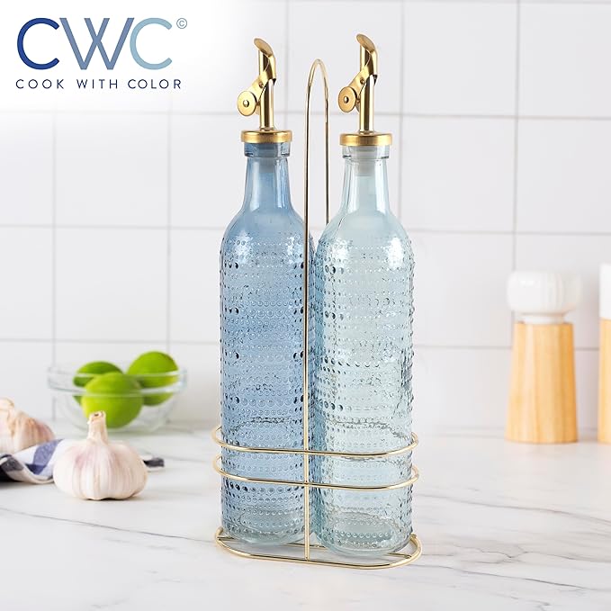COOK WITH COLOR Glass Olive Oil Bottle Dispenser - 2 Pack- 17oz Oil and Vinegar Cruet - Olive Oil Carafe Decanter for Kitchen, Champagne Bubbles, Blue