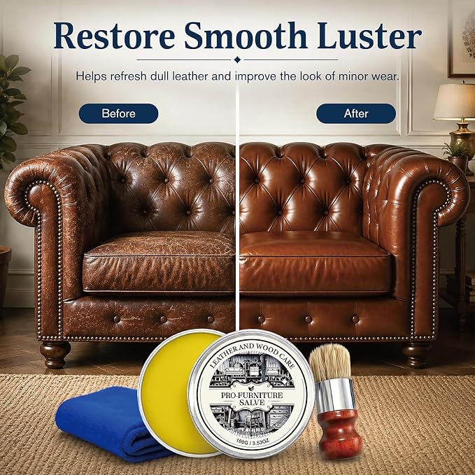 Wood Repair & Furniture Salve - Leather Furniture Salve & Brush Set, Leather Couch Conditioner for Wood & Leather Conditioner, with Furniture Wax, Prevents Cracking & Fading