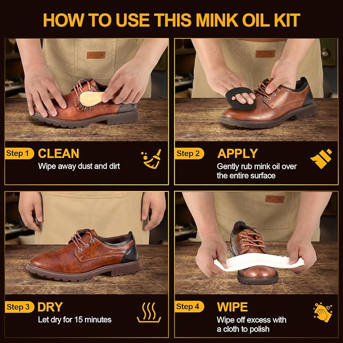4-in-1Mink Oil Leather Conditioner and Cleaner, 3.52 oz Premium Waterproof Paste for Boots and Shoes, Leather Care Kit With Horsehair Brush, Sponge & Microfiber Cloth, Restore for Jackets Saddles Bags