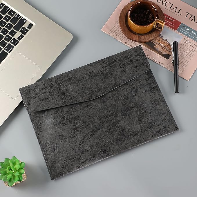 PU Leather A4 File Folder Document Holder Stylish Portfolio Envelope Folder Case with Snap Closure for Receipt Contract Black