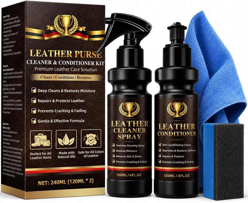 Leather Cleaner and Conditioner, 2-in-1 Leather Care Kit for Car Seats, Furniture, Shoes and Bags, Cleans Dirt and Residue, Enhances Natural Shine and Maintains Smooth Leather, Non-Greasy Formula