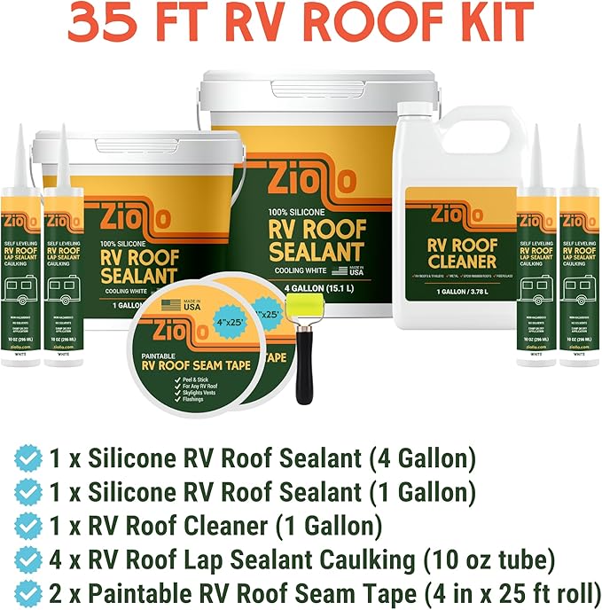 Ziollo RV 35 FT Roof Repair Kit - Roof Repair Kit to Seal and Waterproof, Bond to EPDM Rubber with Sealant (2 Paintable Tape, 4 pk Caulking, 1 Cleaner and 1G & 4G Silicone Pail)