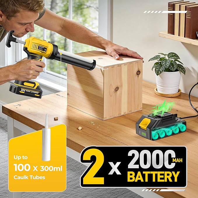 Electric Caulking Gun, 10oz Caulk Gun with 2x2000mAh Batteries, Cordless Caulking Gun, 4 Adjustable Speeds, LED Light, Auto Retraction, 9 Pcs Silicone Caulking Tools for Filling and Sealing
