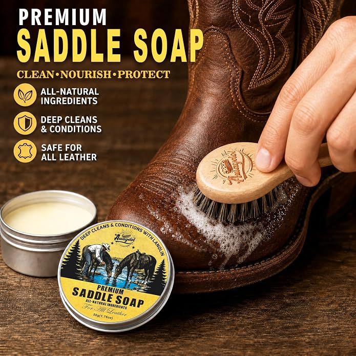 Leather Boot Care Kit,Mink Oil & Saddle Soap for Leather Cleaning,5-in-1 Leather Cleaner & Conditioner to Soften,Protect Leathercraft with Horsehair Brush & Cloth,Boot Cleaning Kit