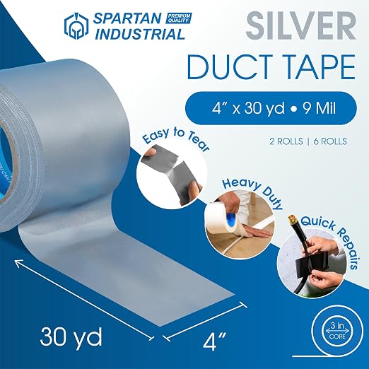 Spartan Industrial - 4" X 30 yd Water-Resistant Silver Duct Tape - 2 Heavy-Duty Tape Rolls for Professional, Home, and DIY Repairs - No Residue, 9 Mil