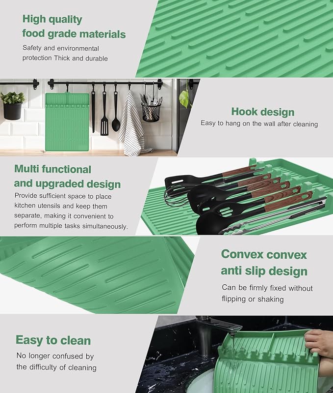 Silicone Grill Mat Compatible with Blackstone, BBQ Griddle Tools Mat with Drip Pad, Large Spatula Holder for Outdoor Kitchen Counter, Gifts for Men (Light Green)