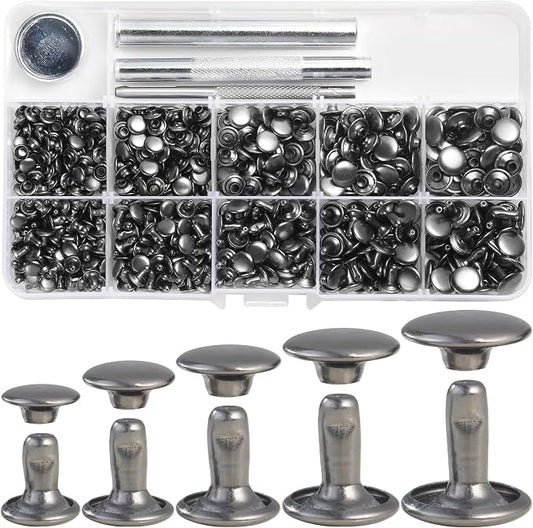 YORANYO 340 Set Mixed Size Leather Rivets Kit - Double Cap Rivets Studs for Clothing Fabric, Shoes, Bags, Belts - Gunmetal