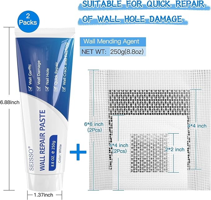 Wall Repair Paste Kit, 2x250g Wall Mending Agent with Wall Repair Patch*4 and Scraper, Spackle Drywall Repair Kit for Hole Filler, Effective Repair of Scratches, Holes, Cracks and Wall Graffiti
