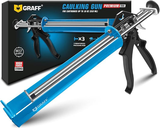 Professional Heavy-Duty Caulking Gun 26:1 Thrust Ratio, Triple Push Rod Dripless Silicone Caulk Gun with Metal Handle, Adjustable Trigger, Fits 5–10 oz Cartridges for Silicone Acrylic & Sealants GRAFF | Triple push rod system –max pressure 150–310 ml c...