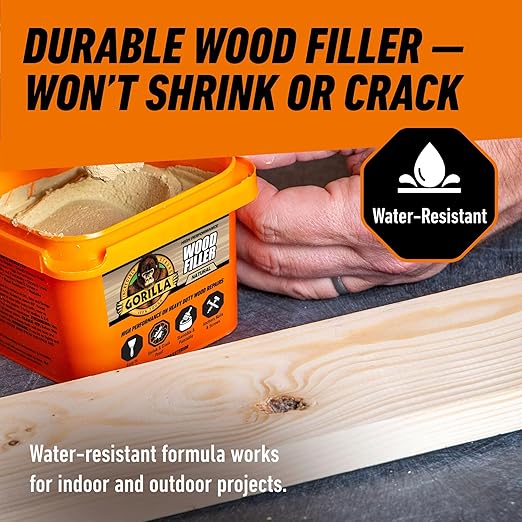 Gorilla All Purpose Wood Filler, Natural Finish, 16 Ounce Tub (Pack of 1) - Water Resistant for Indoor or Outdoor Projects and Repairs
