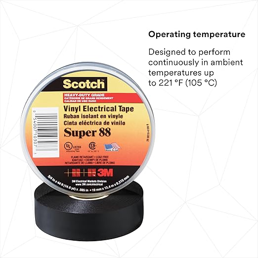3M Scotch Vinyl Electrical Tape Super 88, 3/4 in x 44 ft, Black, 1 roll, Premium Grade, Rubber Resin Adhesive, PVC Backing, All-Season Heavy Duty Electric Tape