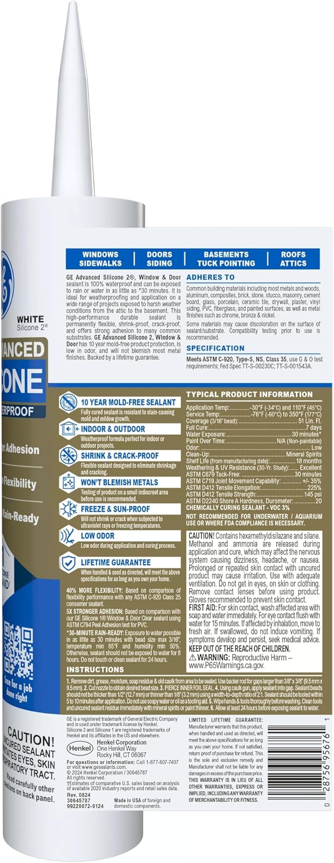 GE Advanced Silicone Caulk for Window & Door, White, 10 fl oz Cartridge, 12 Pack - 100% Waterproof Silicone Sealant, 5X Stronger Adhesion, Shrink & Crack Resistant