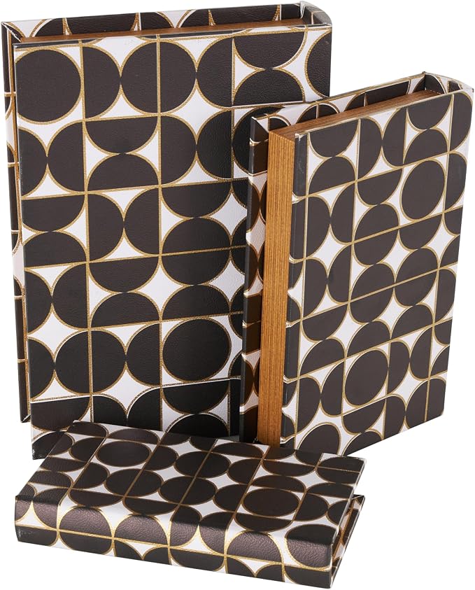 Deco 79 Faux Leather Decorative Box Faux Book Storage Book Shaped Boxes with White and Gold Geometric Patterns, Set of 3 Decorative Keepsake Boxes 13", 11", 9"H, Black