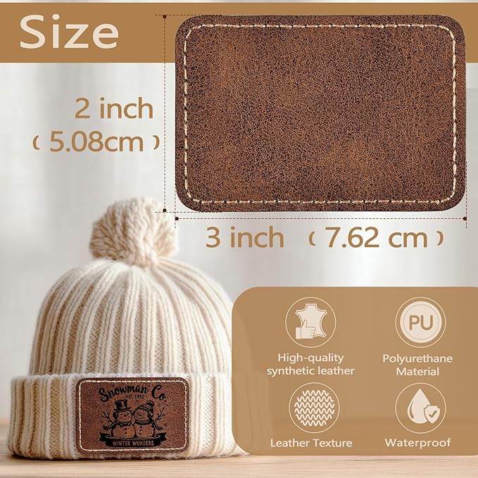 100 Pack Blank Leather Patches with Adhesive, Rectangle Laser Engravable Faux Leatherette Patch for Hats Custom, Fabric Repair Sew, Engraving Materials, Gifts, DIY (Rustic, 3 x 2 in)