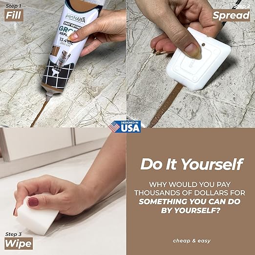 PentaUSA Tile Grout Repair Kit - Beige Brown Premixed Acrylic Sanded Grout Filler for Bathroom, Shower, Kitchen Tile and Wood-Look Tile, Water-Resistant Tube with Applicator (8.8 oz / 250g)
