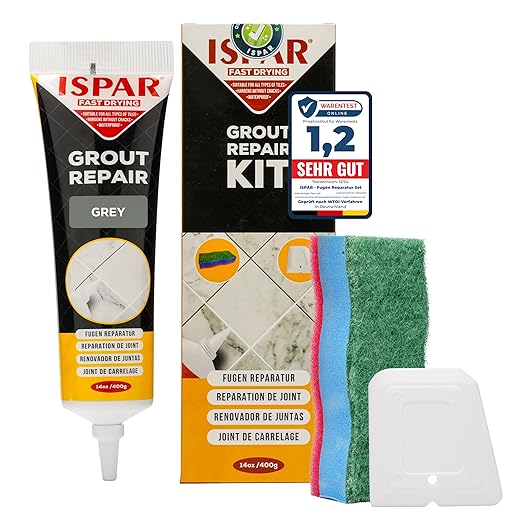 ISPAR Tile Grout Repair Kit – Gray Grout Filler 14 oz Value Size, Pre-Mixed Grout Repair Paste, Ready to Use Tile Joint Filler for Bathroom & Shower Tile, Spatula & Sponge