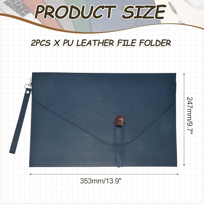 PATIKIL 2Pcs Leather Folder, 14x10 Leather Document Holder File Folder PU Pouch Bag Portfolio File Organizer Handbag Button Personal Envelope Waterproof for Traveling Men Gift, Blue
