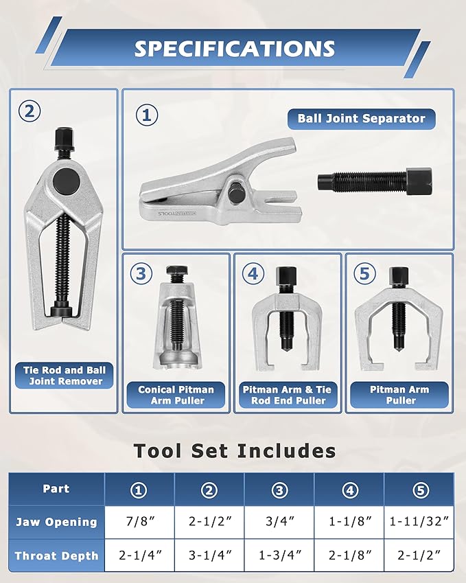 DAYUAN 5pcs Professional Front End Service Tool Kit, Pitman Arm Puller, Ball Joint Separator Tie Rod Remover Tool