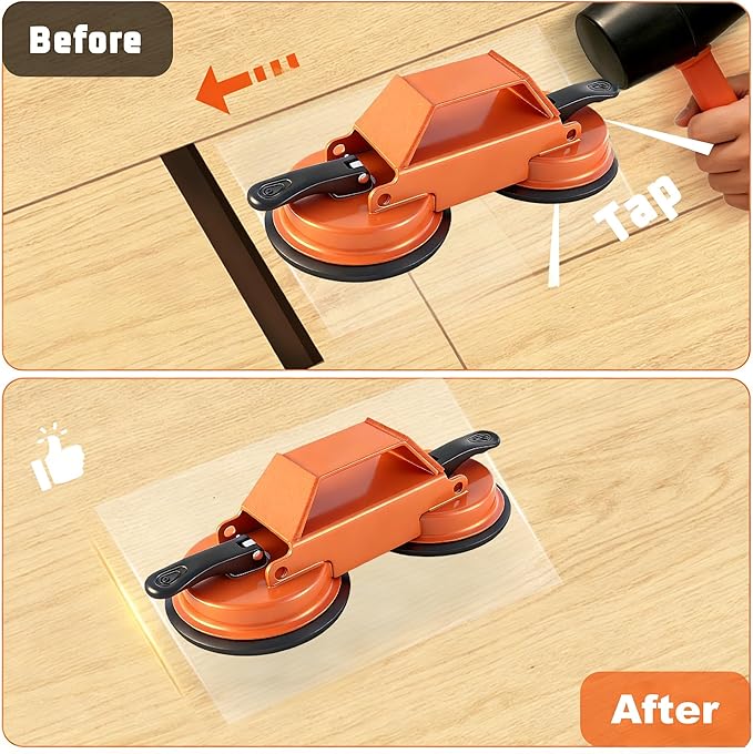 Floor Gap Repair Tool - Heavy Duty Plank Grabber Suction Cup & Slot Cutter Hammer, 6 Sticky Pads, Quick Lock Puller for Laminate/Vinyl/Hardwood Floors, Iron-Made(Large)