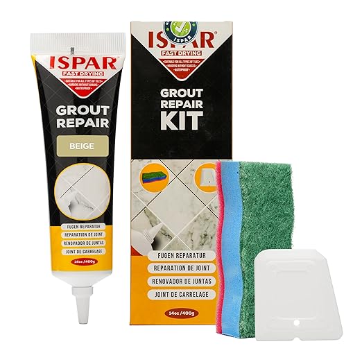 ISPAR Tile Grout Repair Kit – Beige Grout Filler 14 oz Value Size, Pre-Mixed Grout Repair Paste, Ready to Use Tile Joint Filler for Bathroom & Shower Tile, Spatula & Sponge